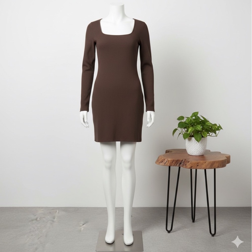 Babaton Brown Ribbed Long Sleeve Square Neck Bodycon Mini Dress Workwear